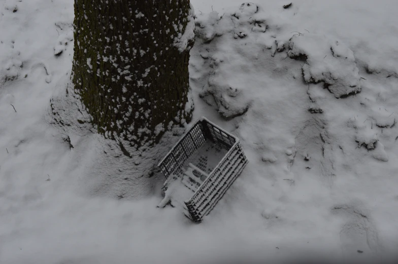 the shopping cart is buried in the snow by the tree