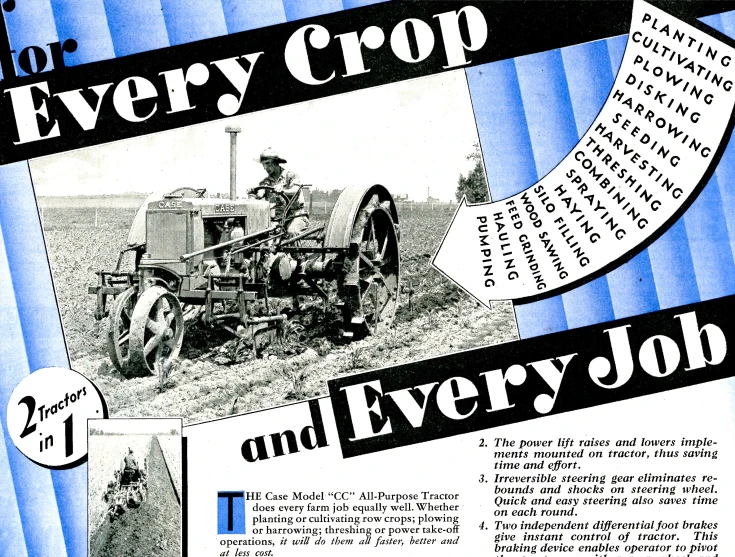 a tractor is parked on a farm in the middle of a magazine advertit