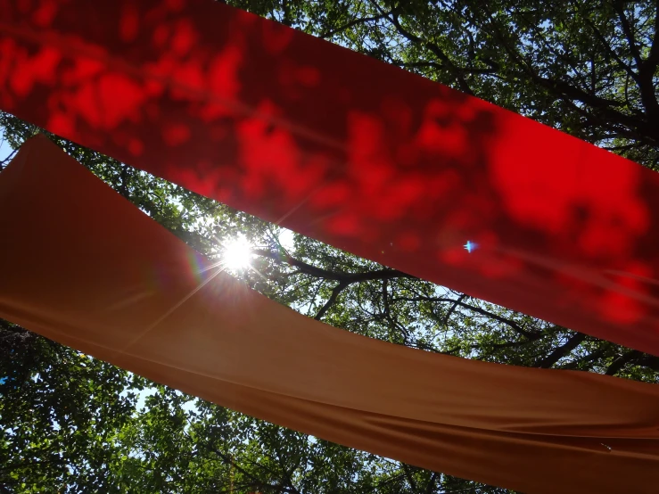 there is a large red tent under some trees