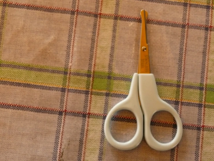 a pair of white scissors laying on the fabric