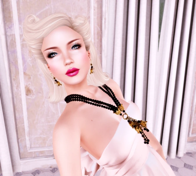 a blonde woman in a black and gold necklace