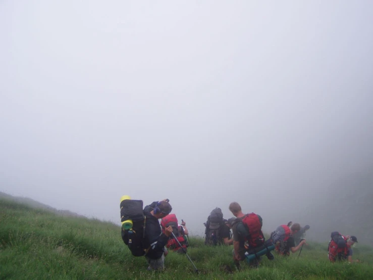 a group of hikers are climbing in the fog on the grass