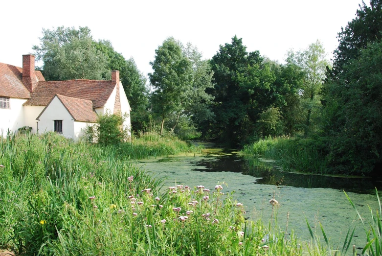 a house sitting next to a small pond