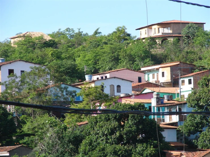 many houses nestled on the hillside below some trees