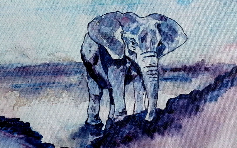 a painting of an elephant standing on top of a hill