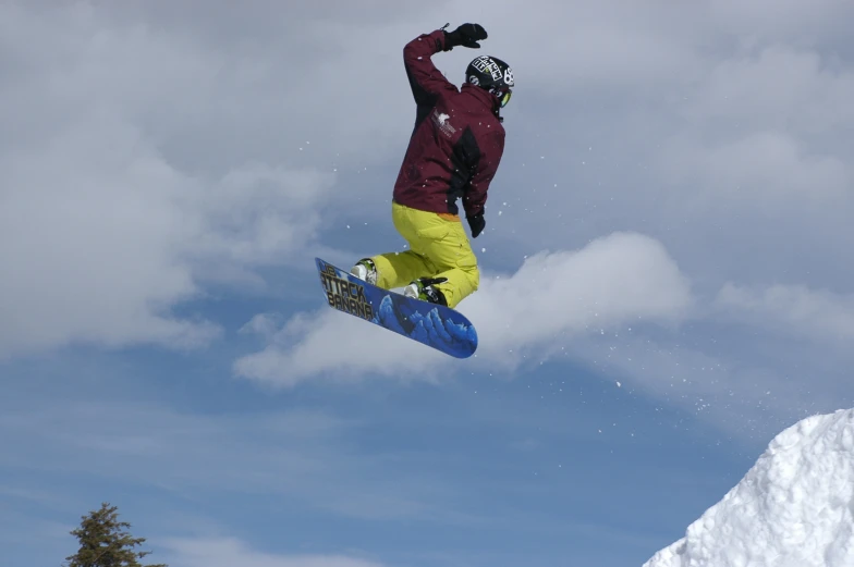 a snowboarder jumps off of the snow during a trick