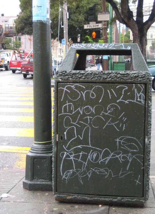 graffiti is written on the back of a box on the sidewalk