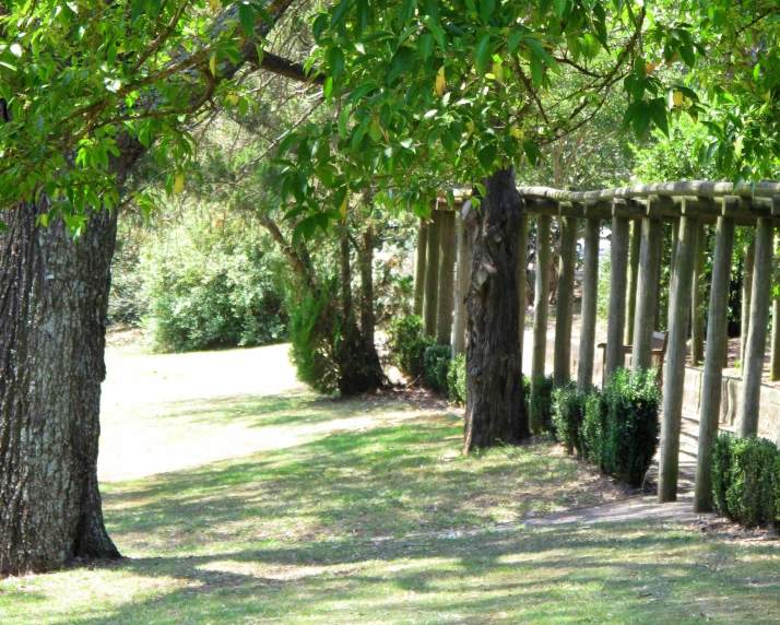 a line of wooden fences in front of a small area of grass and trees