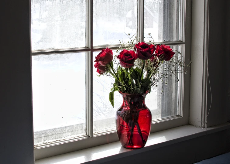 a bouquet of roses in a vase sitting next to the window