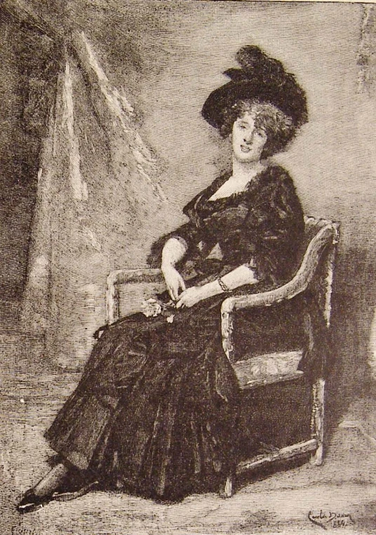 woman in black dress sitting on chair with hat