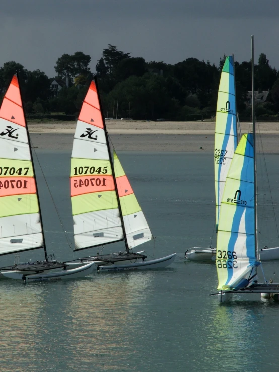 a couple of boats with bright sails sailing on the water