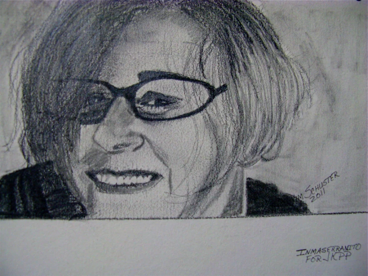 drawing of woman with glasses looking directly at camera