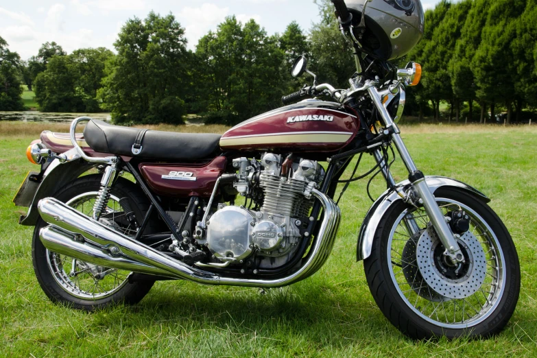 a purple and black motorcycle parked on top of a lush green field