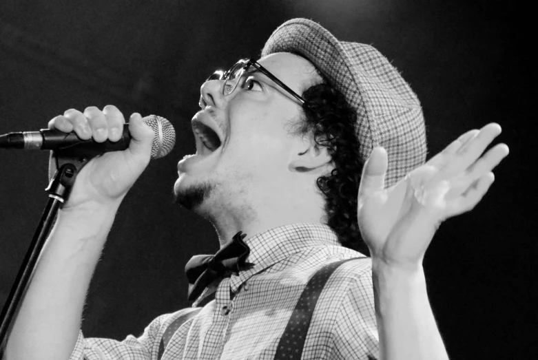 man singing into a microphone at a concert