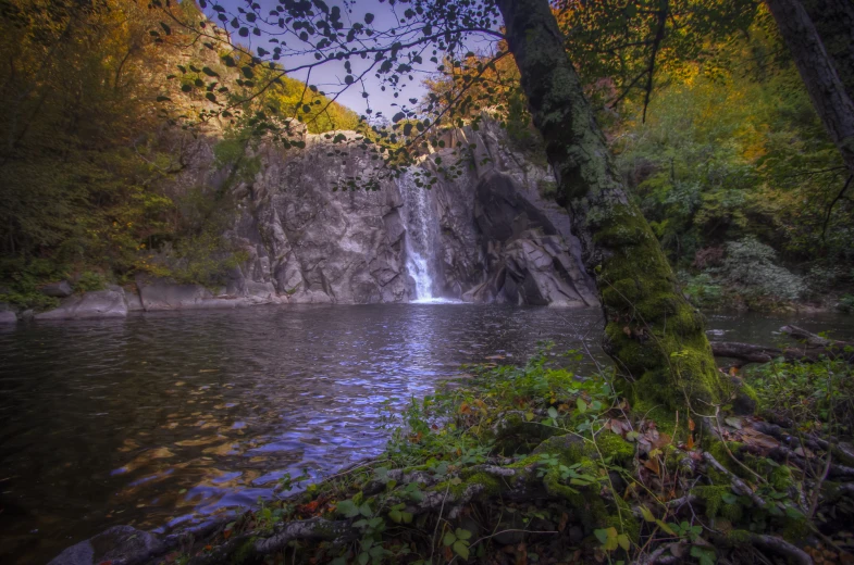 a large water fall running into a lush green forest