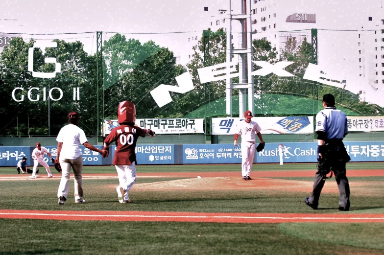 a baseball team in a game on a field