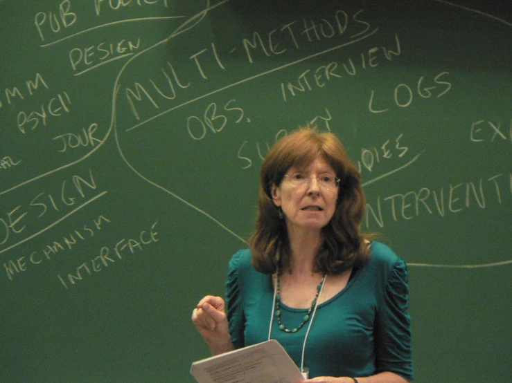 a woman at a podium standing in front of a green board