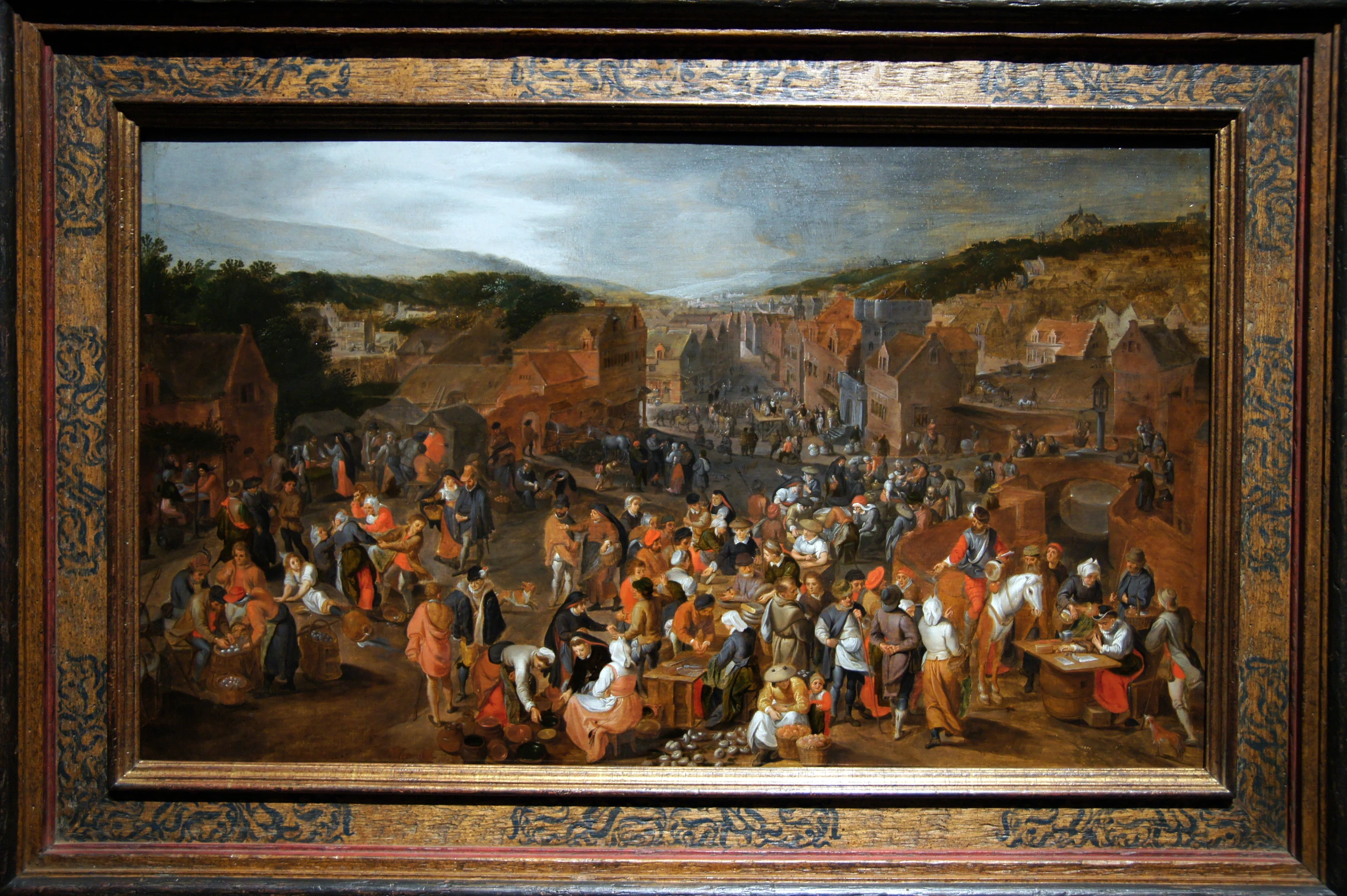 a painting of people gathered in a town