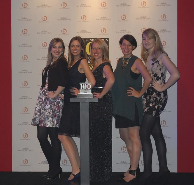 a group of girls posing behind a podium