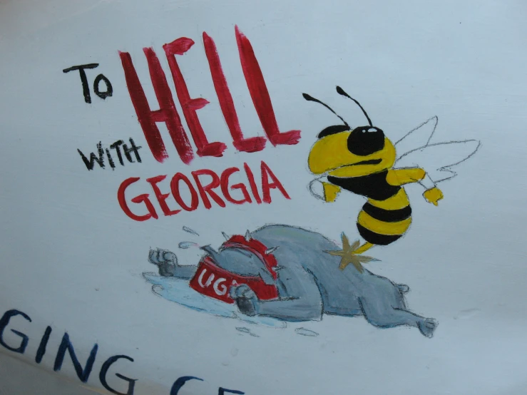 a drawing of a bee is depicted on the sign