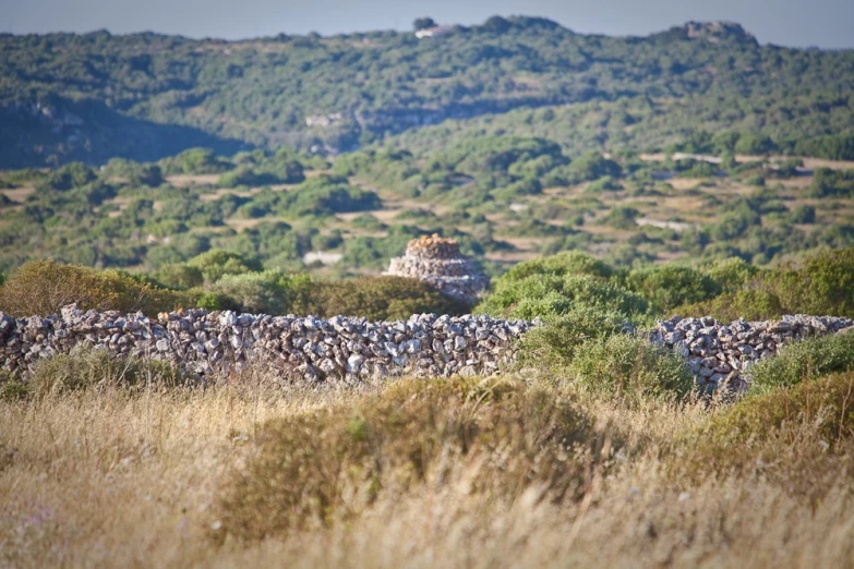 a large stone wall in the middle of a field with mountains in the background