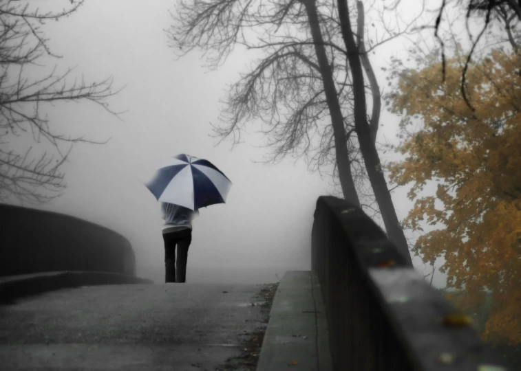 a man standing with an umbrella in the fog