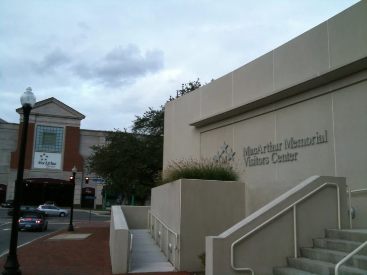 an outside view of the entrance to a building