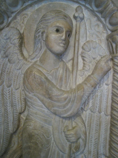 a painting showing an angel holding a vase