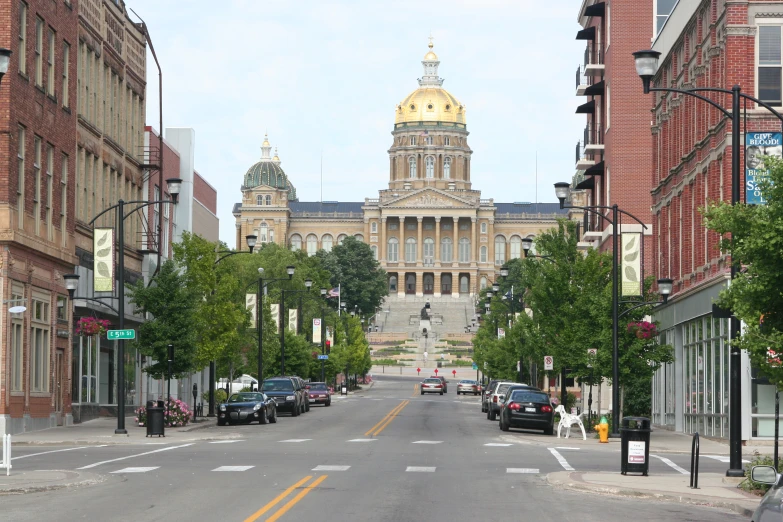 city street near old buildings and buildings with gold spires