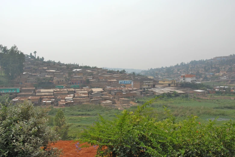 the view of a village and green land