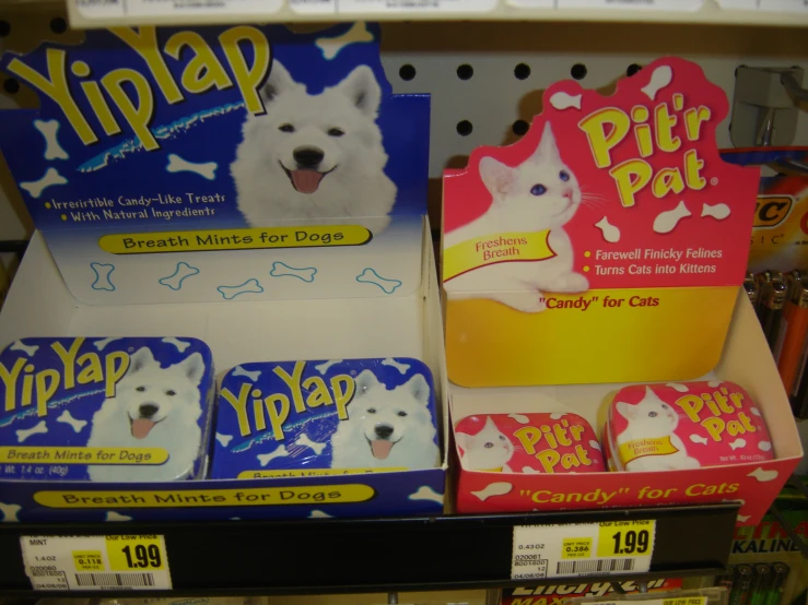 a store shelf with toothpaste and dog treats