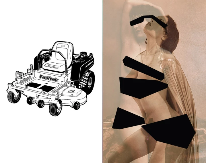 a couple of drawings of a lawn mower and a woman's body