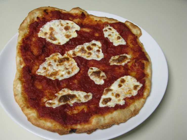 a homemade pizza with chunks of cheese and tomato sauce on a white plate