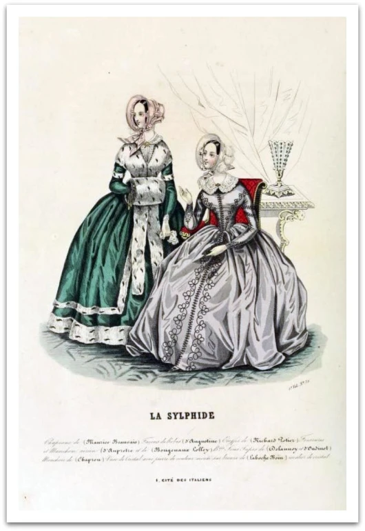an old fashion plate featuring two women in dresses