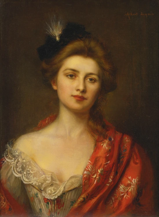 a portrait of an old - fashioned woman in a red dress