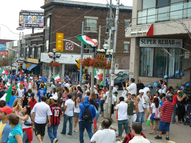 a large group of people on the street in front of stores