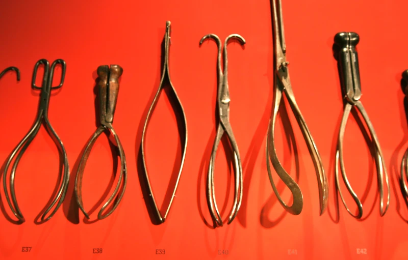 there are seven pairs of scissors displayed in a wall