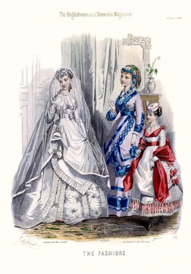 an illustration shows two brides dressed in vintage fashion