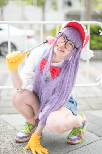 the girl is posing for the camera with her long purple hair