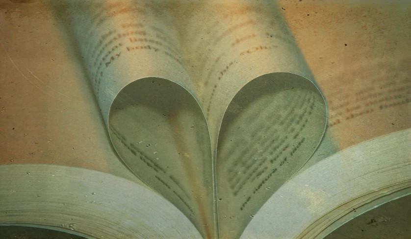 an open book with two pages in the shape of a heart