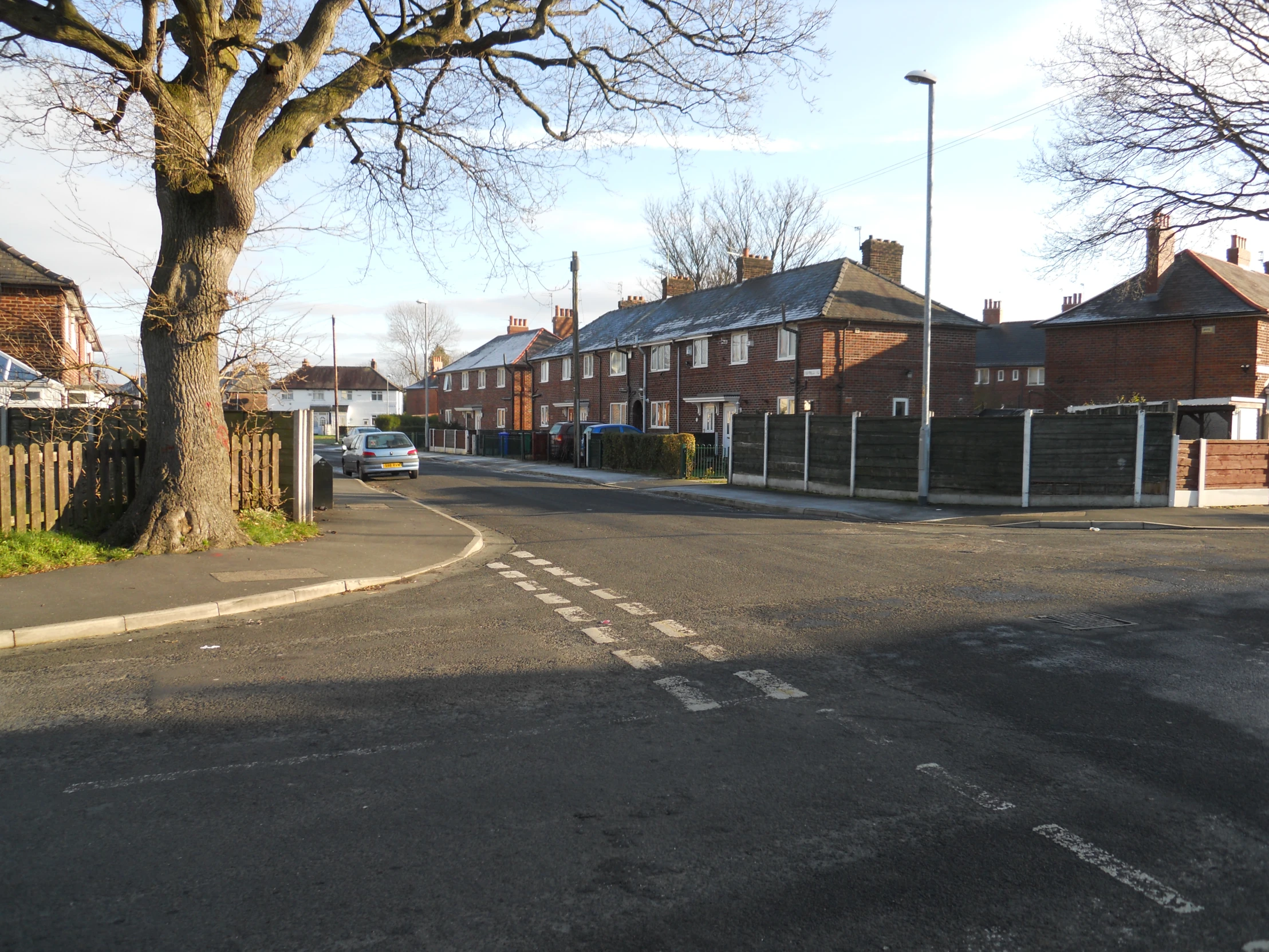 an empty road near houses next to the trees