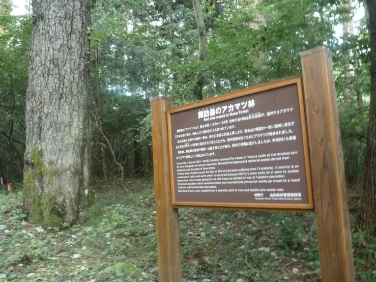 sign with information in japanese language sitting under the tree