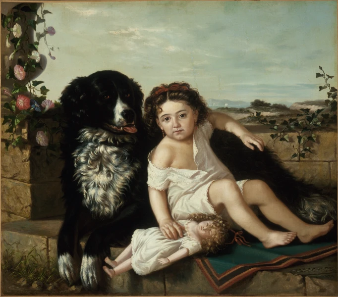 a painting of a child with two dogs