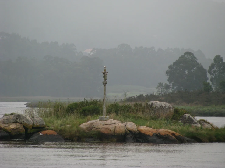 a fire hydrant sits on the edge of a small island