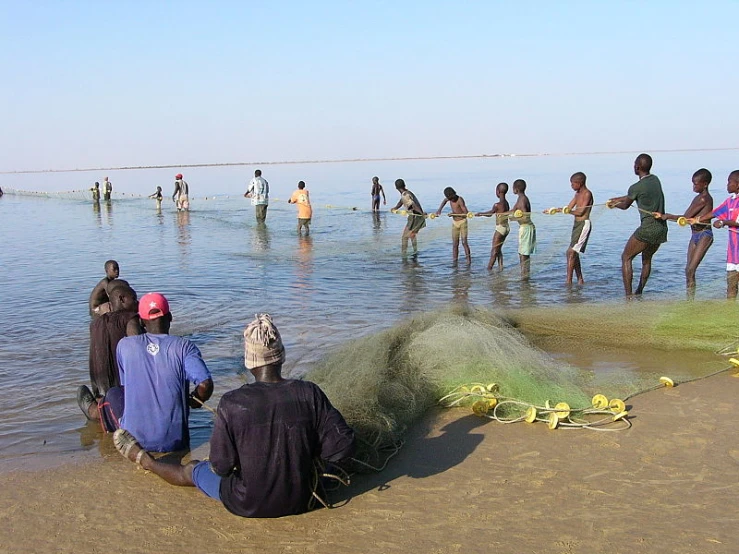 several people on a beach working in the water