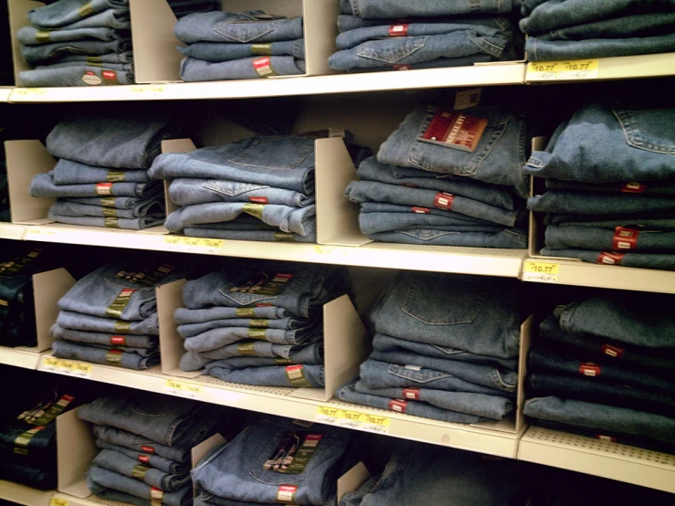 the shelves are covered with many pairs of denim jeans