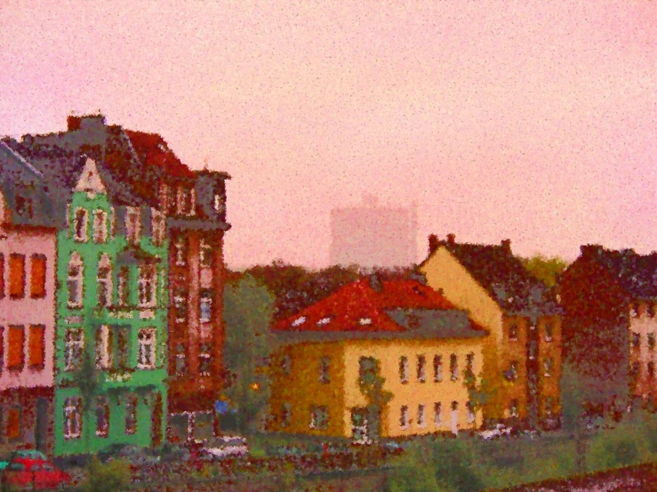 a painting shows a street view of a city