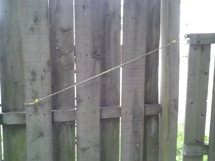 a bird on a post next to a fence with two ropes