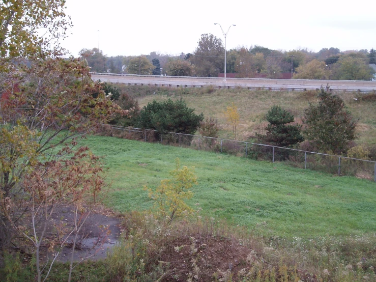 the field is in front of a fence and a road