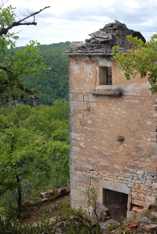 an old tower has broken windows and is surrounded by trees